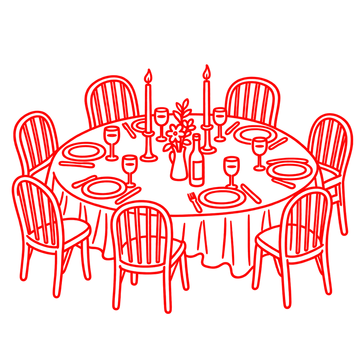A round table laid for ten